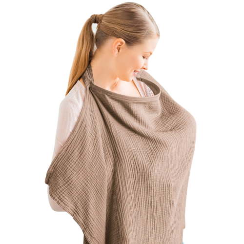 Muslin Nursing Cover Up for Baby Breastfeeding, Breathable 100% Cotton Breastfeeding Cover with Rigid Hoop for Women Nursing Apron, Multi-use Car Seat Cover, Brown