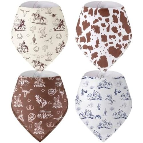 VitalCozy 4 Pcs Western Baby Bandana Bib Vintage Cowboy Cotton