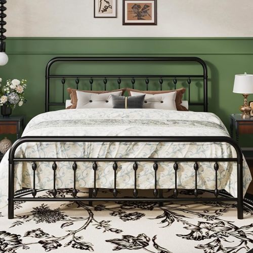 SHA CERLIN King Metal Bed Frame with Victorian Iron-Art Headboard, Black
