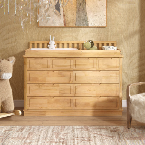 One Allium Way® Bradly 55'' W 10-Drawer Baby Changing Table With Guardrail And Anti-Tip Kit, Natural Finish & Reviews | Wayfair