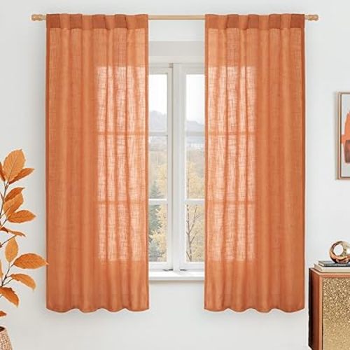 LAMIT Burnt Orange Semi Sheer Window Linen Curtains 63 Inch Length, Light Filtering Panels Back Tab and Rod Pocket Country Decor Drapes for Bedroom/Living Room, 2 Panels, 34 x 63 Inch