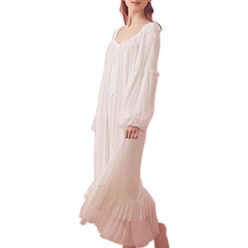 Women's Vintage Victorian Nightgown Long Sleeve Sheer Sleepwear Pajamas Nightwear Lounge Dress