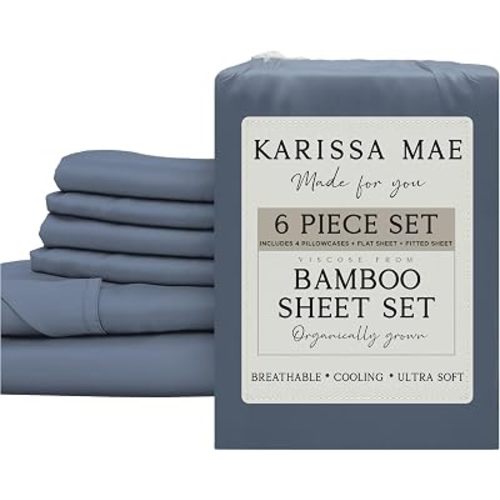 6 Piece Luxury Bamboo Viscose King Size Sheet Set | 100% FSC Certified | Cooling | Luxuriously Soft | 18" Deep Pockets | With Organizer Band & Elastic Corner Straps | 4 Pillowcases [Slate Blue]