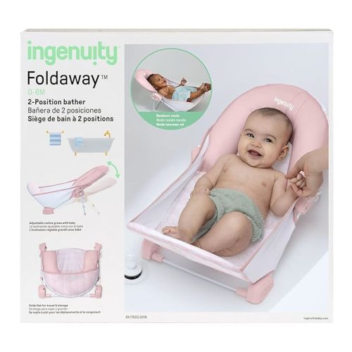 Ingenuity Foldaway 2-Position Bather, 2-Position Adjustable Support Baby Bath seat for Sink or Bathtub, Ages 0-6 Months, up to 20 pounds, Pink