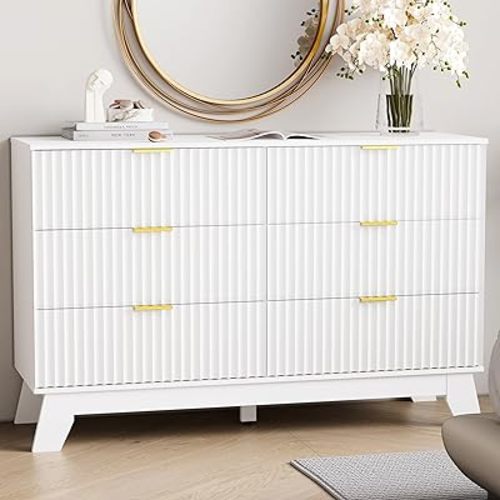 6 Drawer Dresser for Bedroom, Fluted White Dresser Chest of Drawers with Gold Handle, Mid Century Modern Dressers for Closet, Bedroom Chest Storage Organizer for Living Room, Hallway