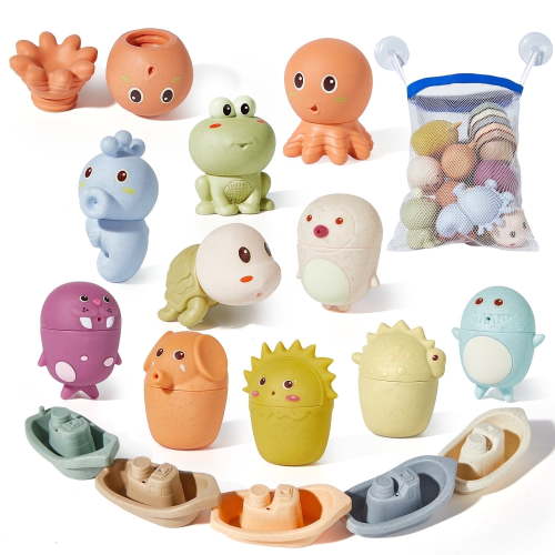 AMCHSURI Animal Bath Toys with Floating Boats for Toddlers 1-3, 15 PCS Mold Free and Squirt Water Table Bath Tube Toys