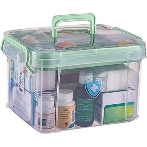 Clear Medicine Organizer Storage Box with Tray and Handle, First Aid Box Plastic Portable Thickened Medicine Container Chest Medical Case Medicine Caddy with Lids Handles