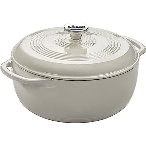 Lodge 6 Quart Enameled Cast Iron Dutch Oven with Lid – Dual Handles, Oven Safe up to 500°F, Stovetop Compatible – Marinate, Cook, Bake, Refrigerate & Serve – Oyster White