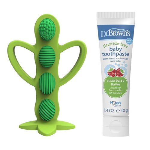 Dr. Brown's Peapod Teether and Training Toothbrush, Soft and Safe for Baby Gums and Baby Toothpaste, Strawberry Flavor Toddlers and Kids Love, Fluoride Free, Made in The USA, 0-3 Years, 1.4oz