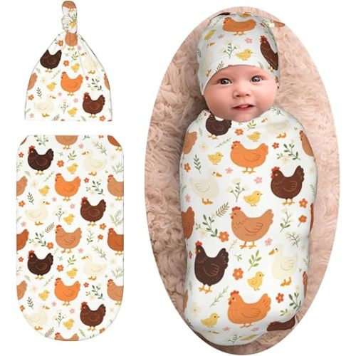 Chicken Baby Stuff Swaddle Blanket with Beanie Set, Rooster Newborn Swaddling Blanket Outfit Infant Shower Gift for Boys Girls, Funny Baby Items Stuff