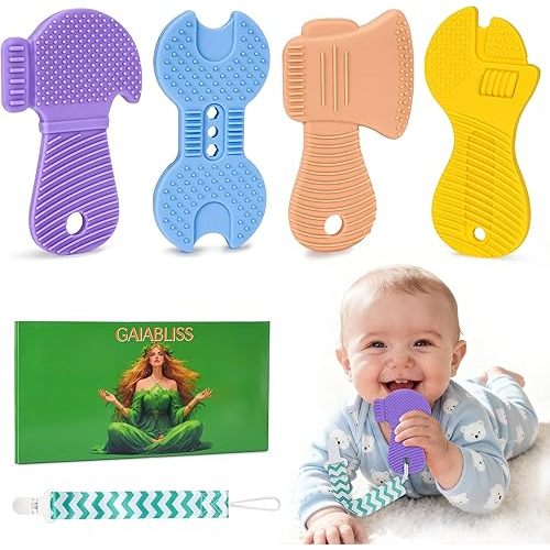 Baby Teething Toys, Teethers for Babies 3-18 Months, Teether Tools Shape Toys, Baby Teething Relief Toddlers Infant Toy with Pacifier Clip for Boys & Girls, Food Grade Silicone, 4 Packs
