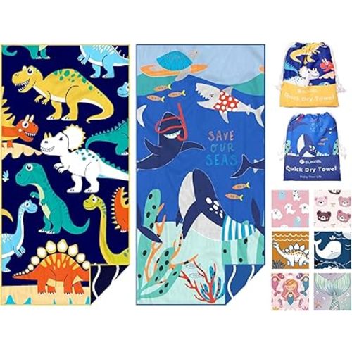Eunzel 2 Pack Microfiber Kids Beach Towel, Quick Dry Towels for Girls & Boys Sand Free Travel Towel for Beach, Camping, Swim Pool 60"x30"，Colorful Dinosaur& Sea Friends