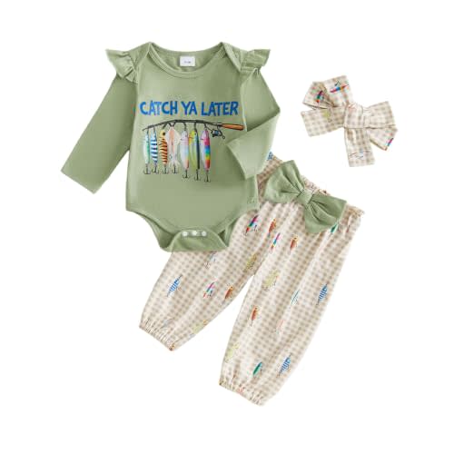 Baby Girl Fishing Outfit Long Sleeve Romper Pants Headband Fall Clothes Set | newborn girl fishing outfit,long sleeve fish print ruffles onesie,newborn fall clothes set,infant romper pants headband