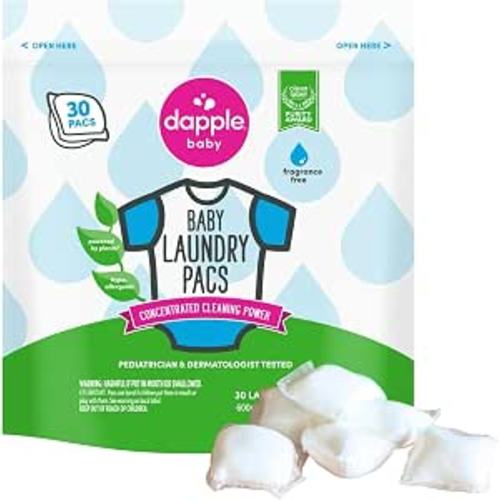 Dapple Baby Laundry Detergent Pacs - 30 Count - Fragrance-free Laundry Pods for Sensitive Skin - Plant-Powered Stain Remover - Newborn Essentials