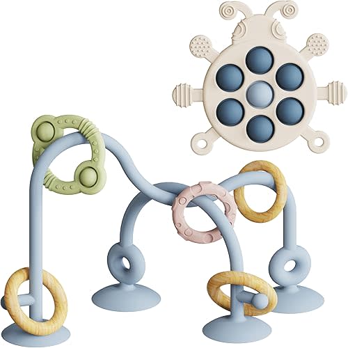 Baby Montessori Toy, High Chair Suction Cup Toy and Teething Toy Set - Table Toy & Pop-it Fidget Teether for 6+ Months 1 2 3 Years, BPA Free Silicone Sensory Toys for Baby and Toddler (SkyBlue)