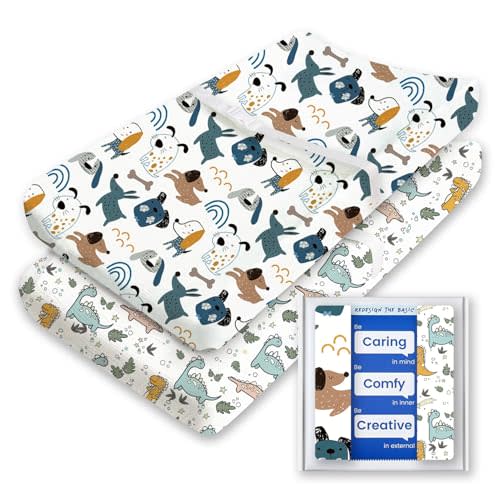 Extra Stretchy Changing Pad Cover, TotBasic Ultra Soft Premium Jersey Knit Changing Pad Sheets, Unisex for Boys Girls, Fits All Standard Changing Tables/Dresser Tops - 2 Pack (Print Dino + Puppy)