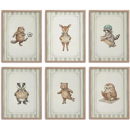 SYHSDZSW Vintage Woodland Animals Wall Art,Sage Green Striped Canvas Prints