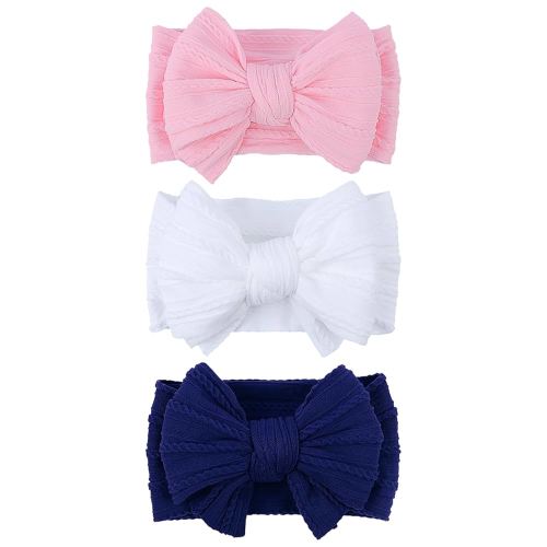 Handmade Baby Headband Bows Stretchy Soft Nylon Headwarps for Baby Girls Baby Hair Bows for 0-6 Months Newborn Infant Toddler Hair Accessories,Classic Color White Pink Blue