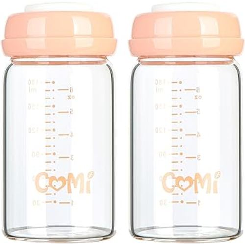 COMI Wide Neck Glass Breastmilk Collection n Storage Bottle, 6oz with Screw Ring Sealing Disk; Re-markable Sealing Disc. BPA Free, Fits Breast Pumps & Nipples (2 Pack Pink Lids)