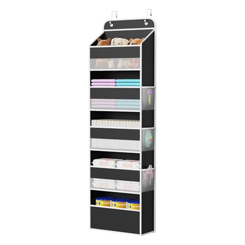 Univivi Fabric Over Door Hanging Organizer for Baby Nursery, Black, 5-Shelf | Door Storage with Large Capacity Breathable Mesh Pockets, Over Door Organizer for Baby Essential, Bedroom and Dorm
