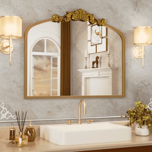 Swafrrt 36" x 30" Antique Gold Arch Mirror Vintage Wall Mirror Decor with Alumium Alloy Frame, Traditional Baroque Gold Bathroom Mirror for Wall, Tempered Glass, Hangs Vertical or Leans