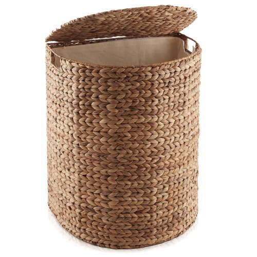 Casafield Half Moon Laundry Hamper with Lid and Removable Liner Bag - Cinnamon Brown, Woven Water Hyacinth Laundry Basket Sorter for Clothes