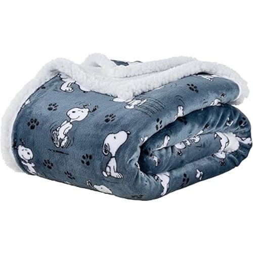 Berkshire Blanket Peanuts® Sherpa Throw Blanket, 480gsm Warm Reversible Heavy Thick Throw for Couch, Bed & Travel (Poses and Paws Blue Jean, Throw Size 50" x 60")