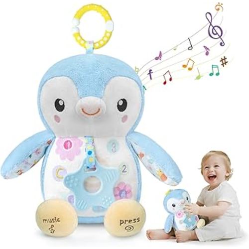 Baby Toys 0-6 Months,Musical Plush Stuffed Animal with Rattles & Crinkle Paper,Hanging Ring for Sensory Play,Tummy Time Toys for 0-12 Months Girls, Baby Girl Gift (Blue)