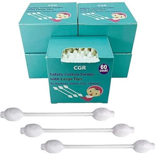 300pcs CGR Baby Safety Cotton Swabs with Large Tips for Newborn, Babies, Kids, Children, 100% Organic Cotton, White Paper Sticks, 5 Pack of 60 Swabs Total(5 Paper Boxes)