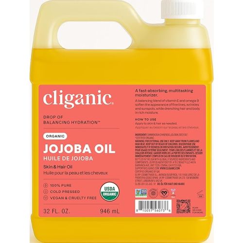 Cliganic Organic Jojoba Oil Bulk 32oz, 100% Pure, Natural Cold Pressed Unrefined Hexane Free Oil for Hair & Face