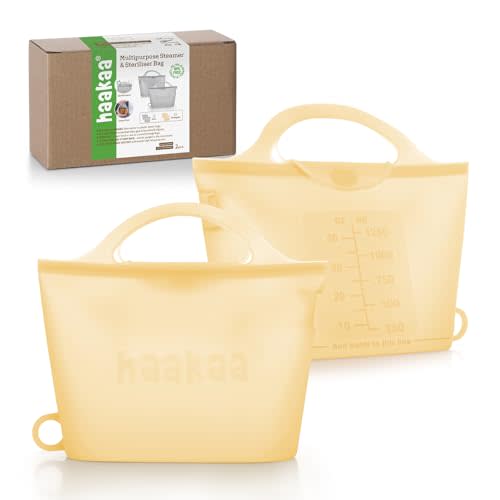 Haakaa On-The-Go Silicone Microwave Steam Sterilizer Bags for Travel, 40oz/1250ml Reusable Silicone Steaming Bags for Baby Bottles, Breast Pump, Accessories, Pacifiers, Teethers, Pineapple/2PCS