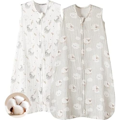 PHF Soft Muslin Cotton Baby Sleep Sack 0-6 Months, 2 Pack 100% Cotton Sleeping Sack for Summer, 0.5 TOG Baby Wearable Blankets with 2-Way Zipper, Sleep Sacks for Girls Newborn, Sheep