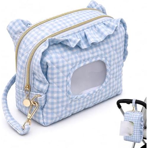 Diaper and Wipes Pouch, Ruffle Gingham Quilted Double-Layer with Hanging Strap, for Stroller, Car Seat, Travel, Nursery, Home, Portable Compact Storage and Travel Organizer (Blue)