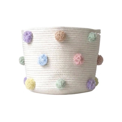 Large Pastel Pom Cotton Rope Basket - Multicolor, Boho Nursery Storage, Playroom storage, bedroom storage, kids room