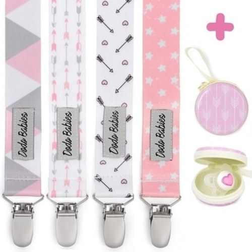 Tadpoles Pacifier Clip Set - Four Clips Plus Binky Case - Pink and Gray Prints