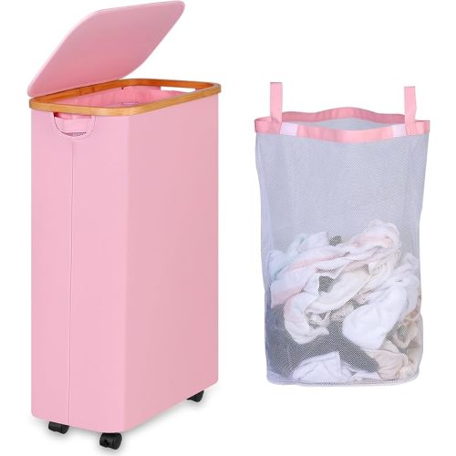 75L Slim Laundry Hamper, Narrow Laundry Basket with Lid,Foldable Clothes Hamper with Bamboo Handles,Hamper Basket with Removable Inner Bag for Laundry Room Bedroom College Dorm,19.8 Gals Pink
