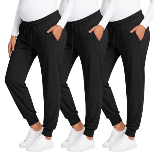 3 Pack Women Maternity Pants Pregnancy Lounge Jogger | Underbelly Trousers with Pockets, Loose Postpartum Clothes, Soft Stretch Pajamas, Relaxed Fit Bottoms, Casual Home Yoga Wear