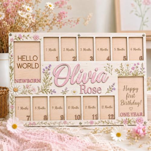 Personalized Baby First Year Photo Board, Custom Monthly Milestone Board, Wooden Baby Photo Collage, Floral First Birthday Display