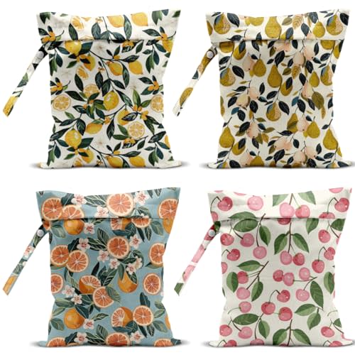 4 Pack Cute Fruit Wet Bag Waterproof Washable Reusable Wet Dry Bag for Swimsuit Dirty Clothes Cloth Diaper Travel Beach Pool Yoga Gym Toiletries Travel Beach Essentials Lemon Orange Peach Pear