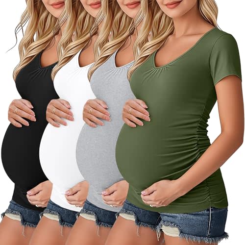 Ficerd 4 Pack Womens Maternity T-Shirts, V Neck Cotton Pregnancy Clothes Casual Short Sleeve Side Ruched Pregnant Shirts