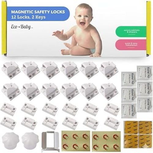 Eco Baby Magnetic Cabinet Locks for Babies - Magnetic Baby Proofing Cabinet Locks, Child Locks for Cabinets Drawers Doors for Back to School - Easy Installation No Tools Required (12 Pack and 2 Keys)