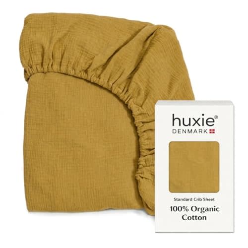 Crib Sheets, 100% Organic Cotton Muslin, Fitted 28"x52" Standard | GOTS-certified deep-pocket 360° elastic fit, fits full-size & toddler mattresses, gender-neutral (Autumn Yellow)