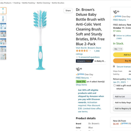 Dr. Brown's Deluxe Baby Bottle Brush with Anti-Colic Vent Cleaning Brush, Soft and Sturdy Bristles, BPA Free Blue 2-Pack