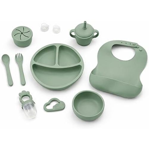 KiddoFun 9-Piece Silicone Baby Feeding Set – Divided Plate, Bib, Sippy Cup, Snack Cup, Bowl, Spoon & Fork – BPA-Free, Dishwasher & Microwave Safe, Baby-Led Weaning Essentials