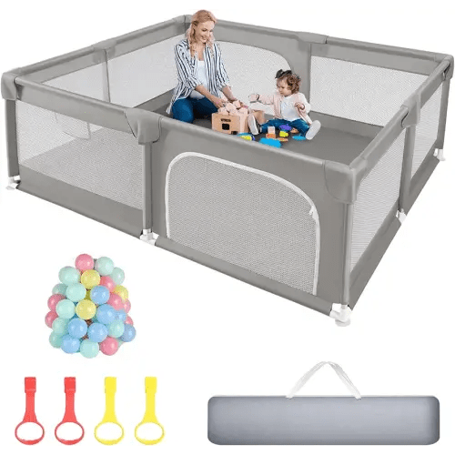 Sour Lemon Baby Playpen 79x71 inch Extra Large Playpen for Babies and Toddlers, Baby Fence Play Pen Yard with Safety Gate Fence with 50 Ocean Balls 4 Pull Rings for Kids Indoor Outdoor