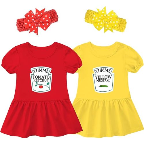 Baby Twins Bodysuit Ketchup Mustard Newborn Girl Matching Outfits Sister Dresses Infant Romper With Headband Set