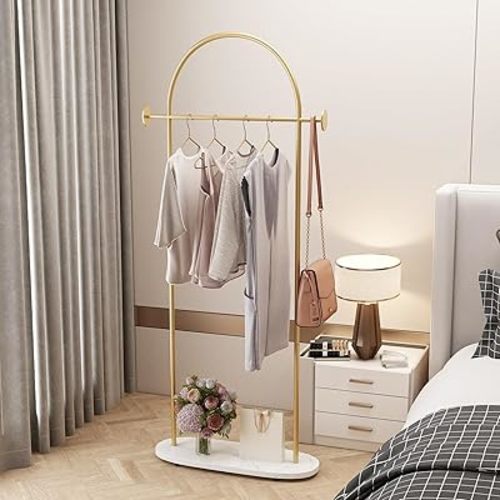 Gold Clothing Rack with Marble Base, Modern Gold Coat Racks Freestanding with 2 Hooks, Heavy Duty Clothes Rack, Coat Rack Stand for Entryway, Bedroom, Living Room, Boutiques