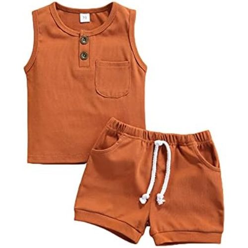 Summer Toddler Baby Boy Girl Clothes Set Unisex Waffle Outfits Solid Short Sleeve Pocket Tops Shorts 2PCS