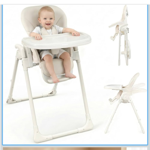 High Chair, Foldable High Chairs for Babies and Toddlers, Adjustable Height, Backrest and Footrest, Removable Tray, Beige