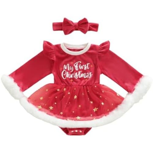 Baby Girl Christmas Outfit Newborn Infant Long Sleeve Romper Dress with Headband
